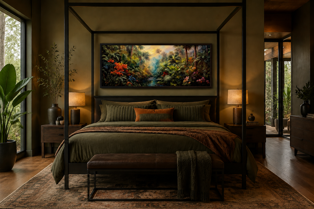 Tropical rainforest long horizontal framed canvas wall art hanging above a bed in a dark bedroom.
