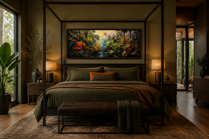 Tropical rainforest long horizontal framed canvas wall art hanging above a bed in a dark bedroom.