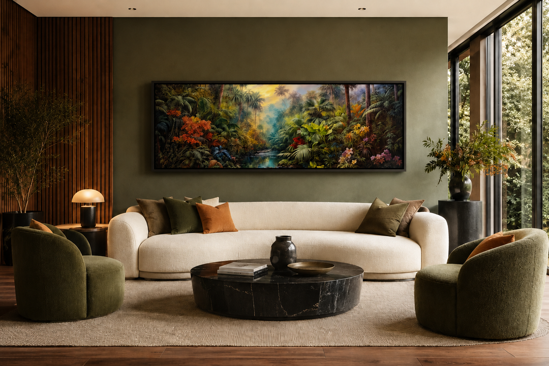 Tropical rainforest long horizontal framed canvas wall art above a sofa in a modern living room.