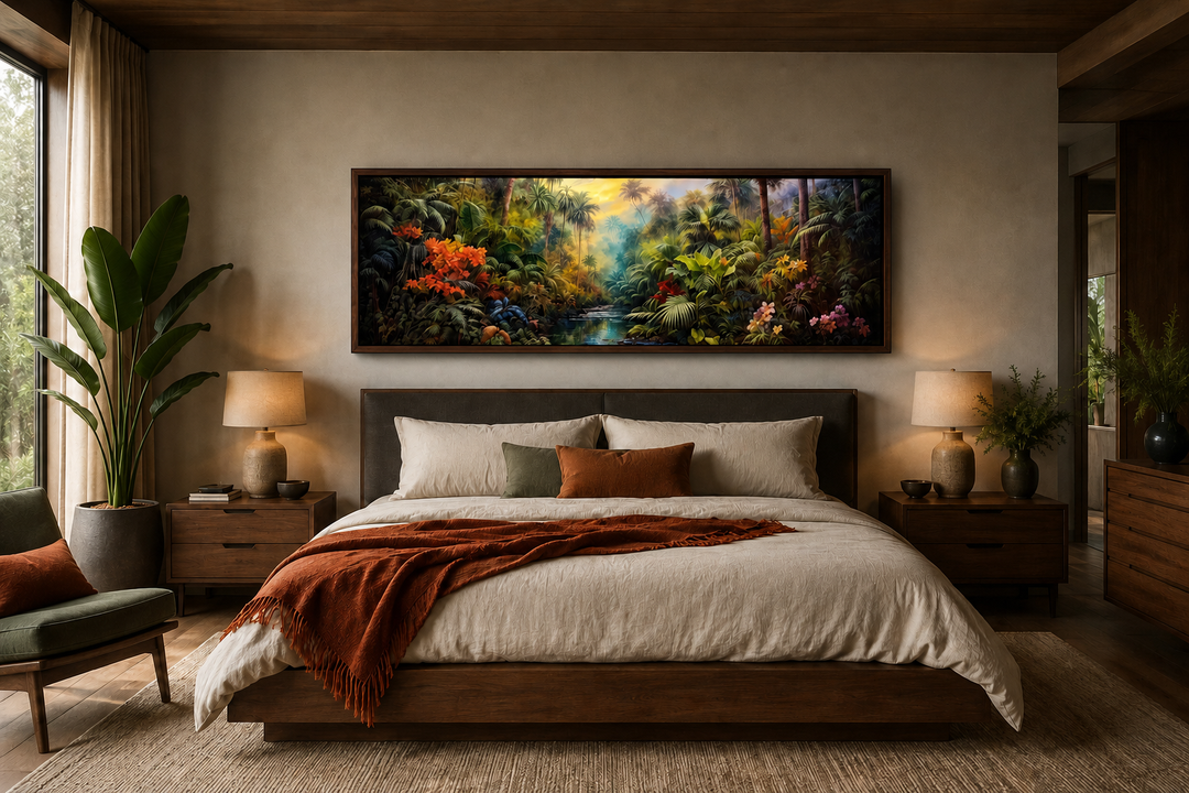 Tropical rainforest landscape painting in a long horizontal frame hanging above a bed.