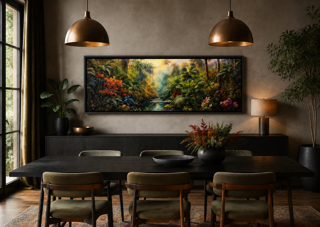 Tropical rainforest long horizontal framed canvas wall art hanging above a dark dining table.