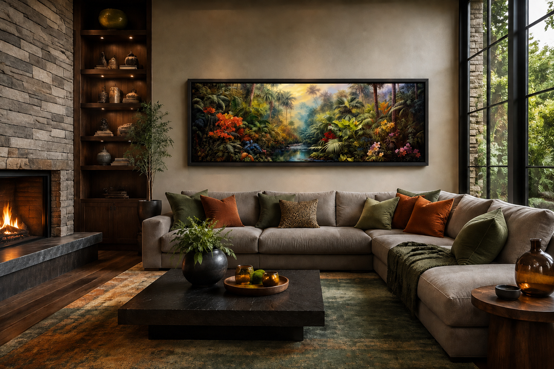 Tropical rainforest long horizontal framed canvas wall art hanging above a sofa in a living room.