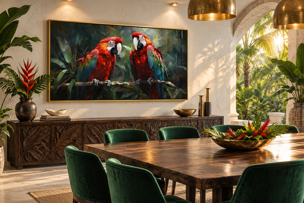 Framed canvas wall art of two red macaw parrots perched in a tropical rainforest.
