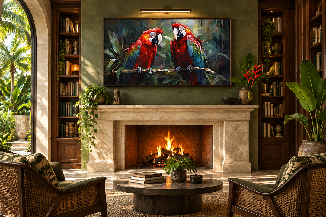 Framed canvas wall art of two red macaw parrots in a tropical rainforest above a stone fireplace.