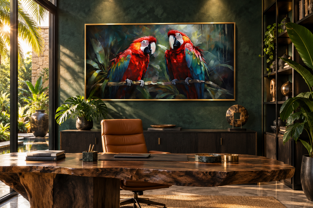 Framed canvas wall art of two red macaw parrots perched in a tropical rainforest above a desk.