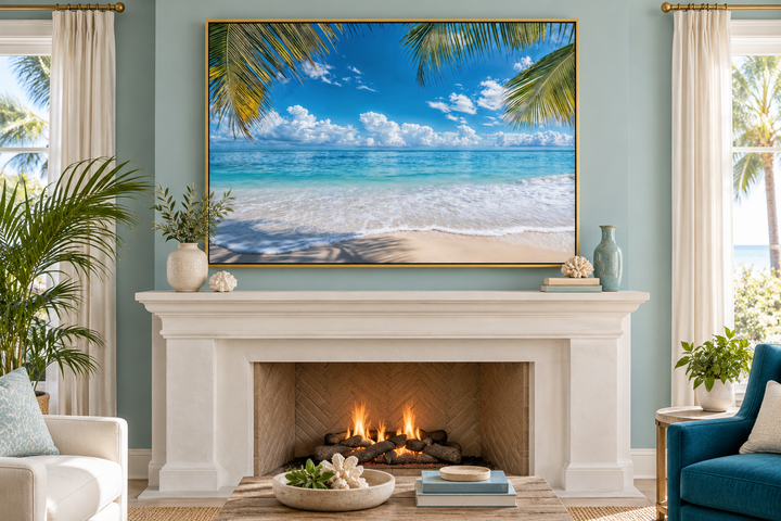 Tropical beach framed canvas wall art with palm trees and turquoise ocean above a white fireplace.