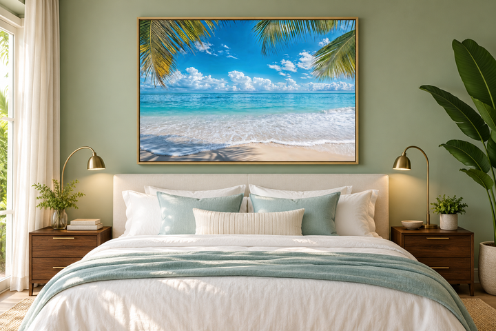 Tropical beach with palm tree framed canvas wall art hanging above a bed in a sage green bedroom.