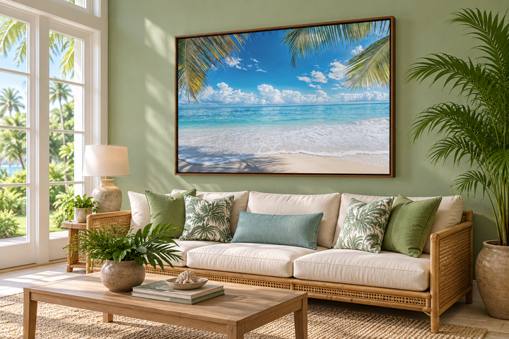 Tropical beach with palm tree framed canvas wall art above a sofa in a coastal living room.