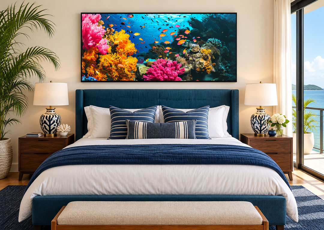 Framed underwater photography wall art featuring vibrant coral reefs and exotic fish above a bed.
