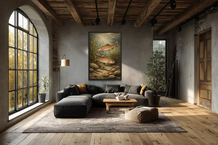 Vertical canvas wall art featuring two trout swimming in a river, displayed in a rustic living room.