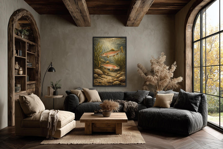Rustic vertical canvas painting of two trout swimming underwater in a cozy, lodge-style living room.