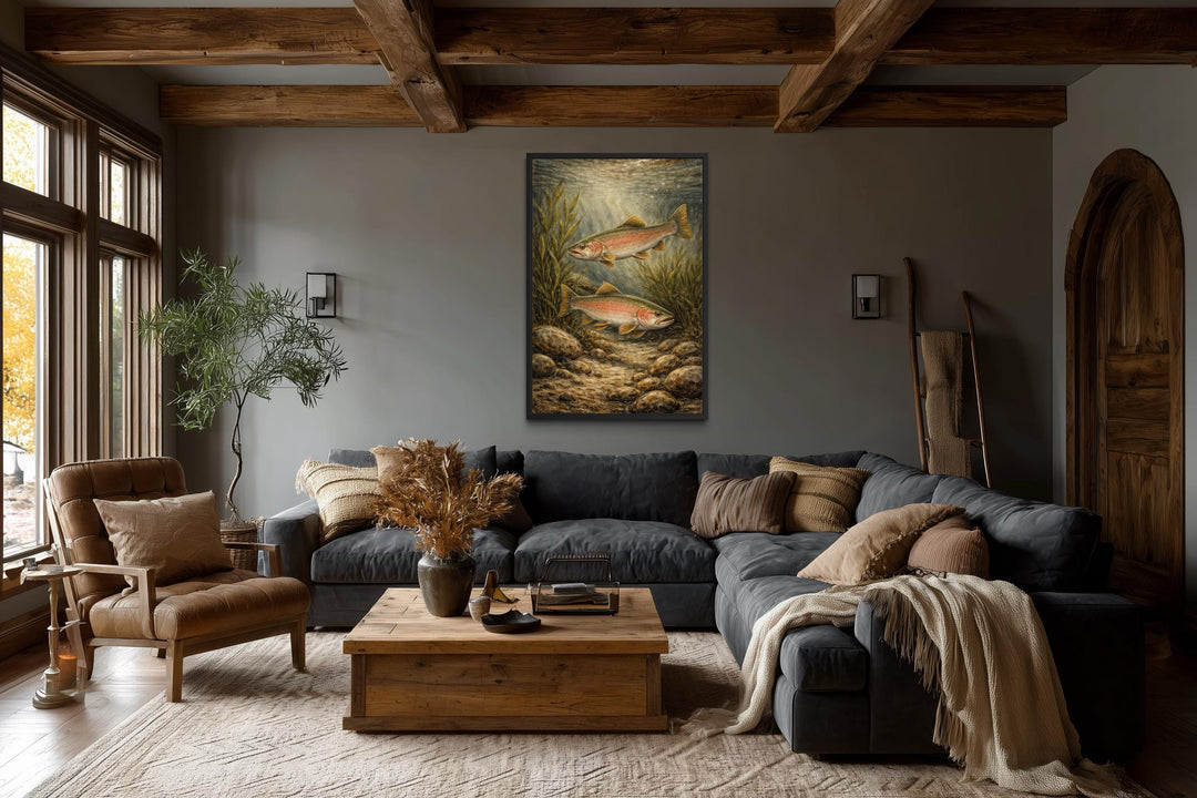 Vertical canvas wall art of two trout swimming underwater in a rustic living room setting.