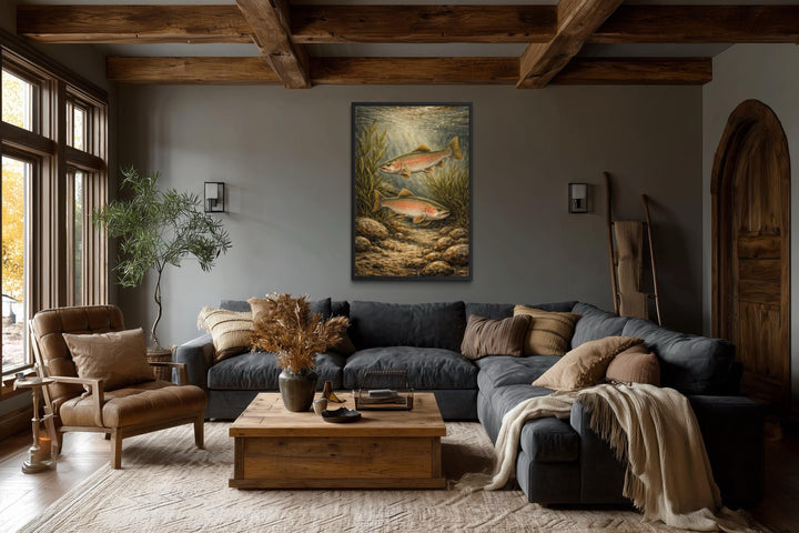 Vertical canvas wall art of two trout swimming underwater in a rustic living room setting.