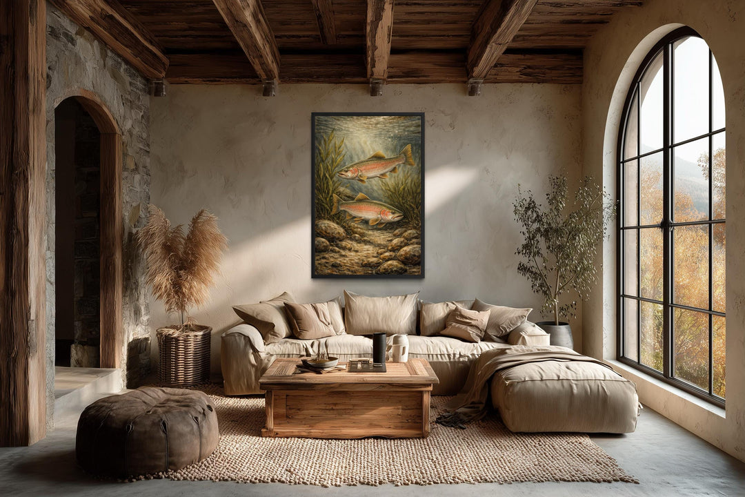 Vertical canvas painting of two trout swimming in a river, displayed in a rustic living room.