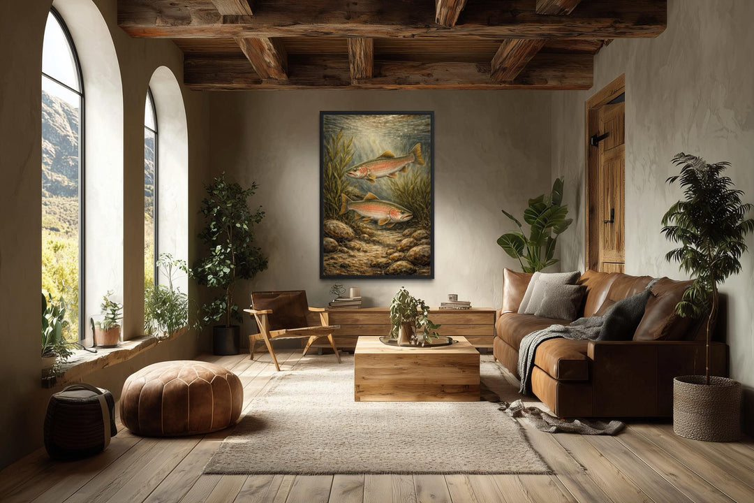 Vertical rustic trout painting on canvas displayed in a cozy, wood-beamed cabin living room.