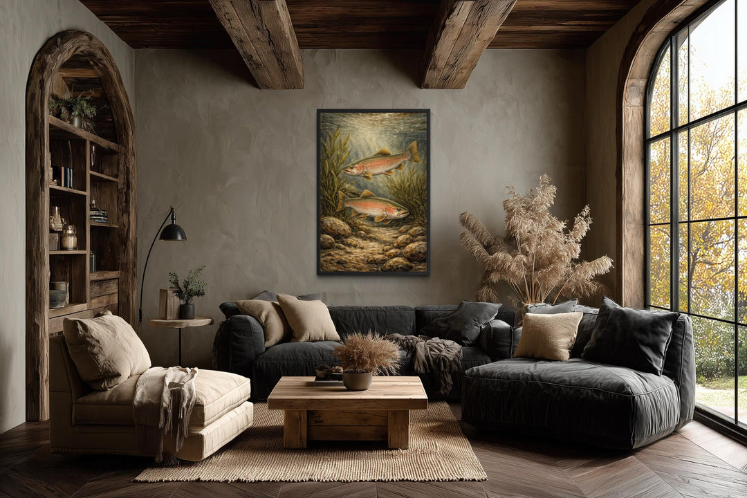 Vertical canvas painting of two trout swimming underwater in a rustic, earth-toned living room.