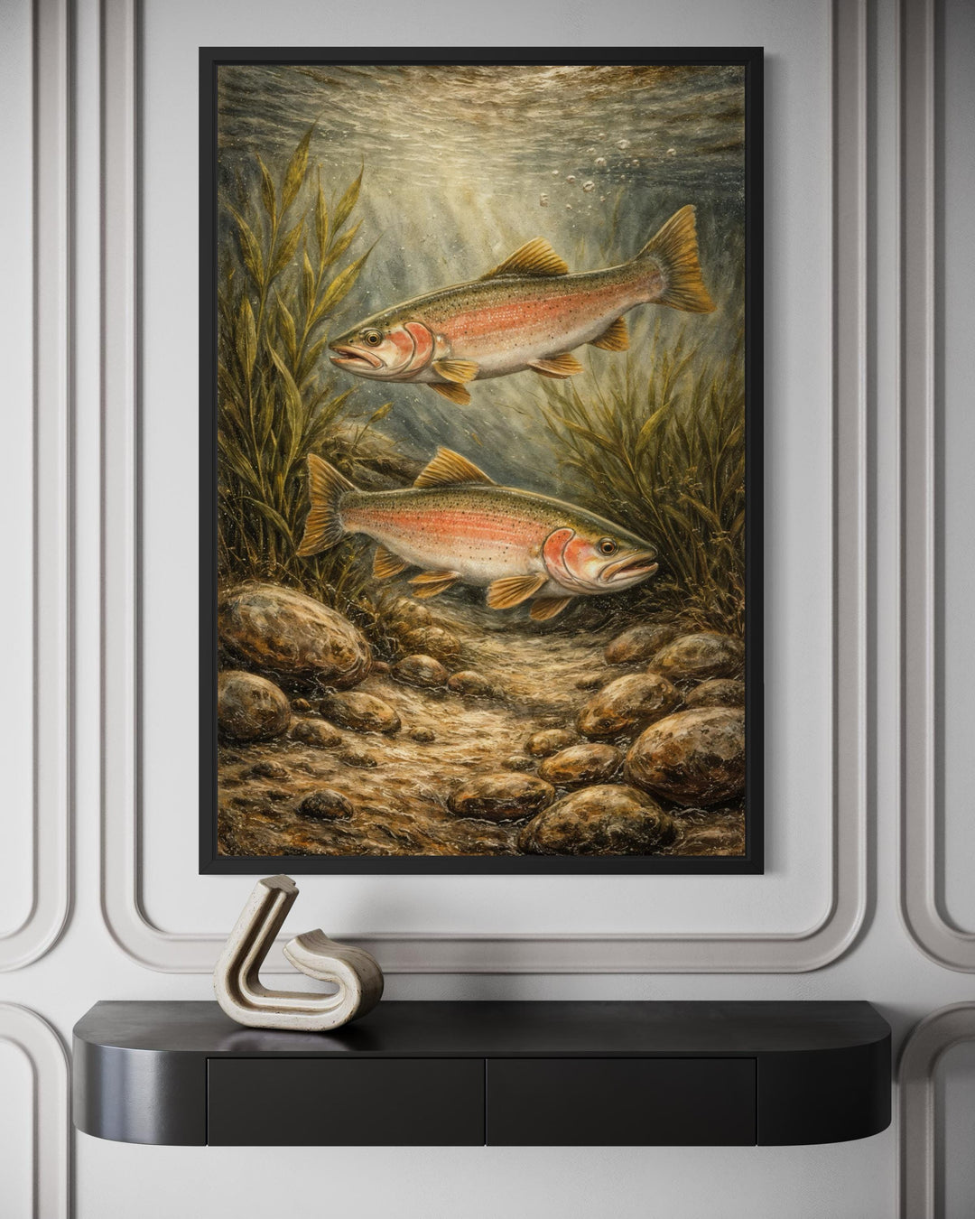 Rustic river fish painting on canvas featuring two trout swimming underwater in a vertical frame.