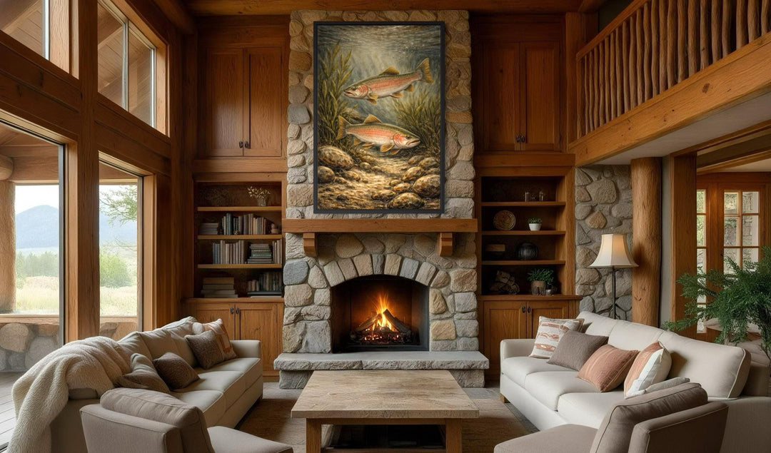 Vertical canvas painting of two trout swimming in a river, displayed above a rustic stone fireplace.