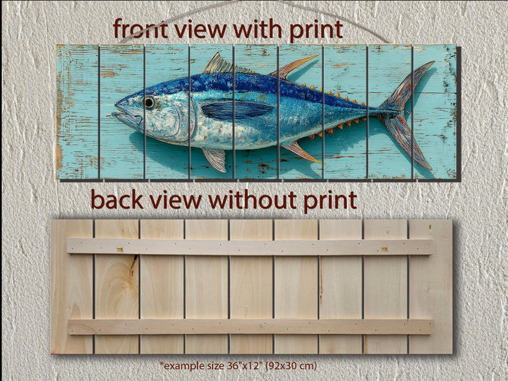 Tuna fish artwork printed on horizontal teal distressed wood planks with a rustic back frame.