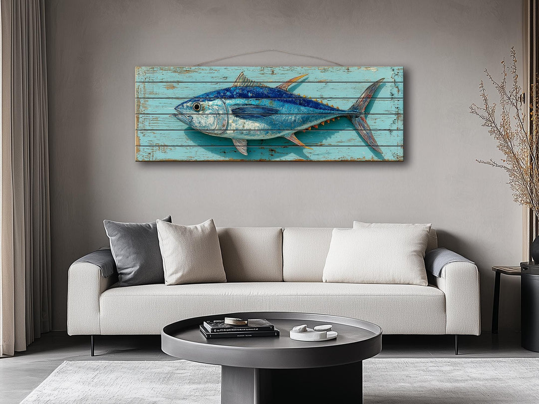 Tuna wall art featuring a bluefin fish on distressed teal wood planks above a modern sofa.
