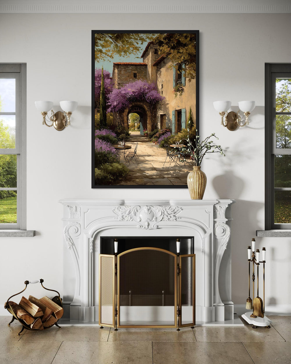 Tuscan Courtyard Canvas Rustic Italian Villa Painting | Mediterranean Wall Art