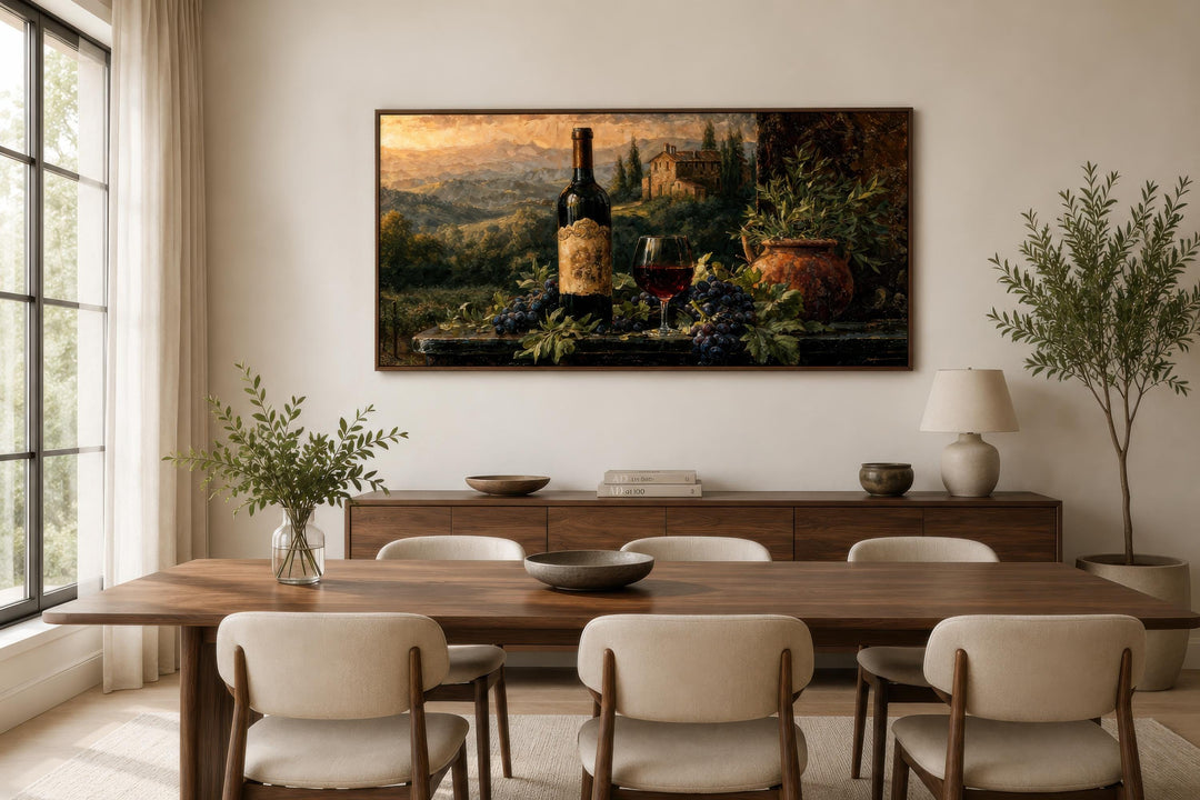 Tuscan wine bottle and landscape painting on canvas displayed in a modern dining room.