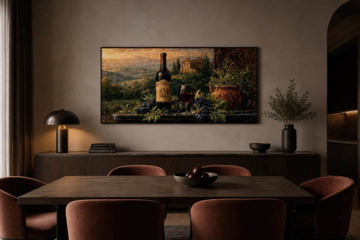 Tuscan wine bottle and glass painting on canvas displayed in a modern, moody dining room.