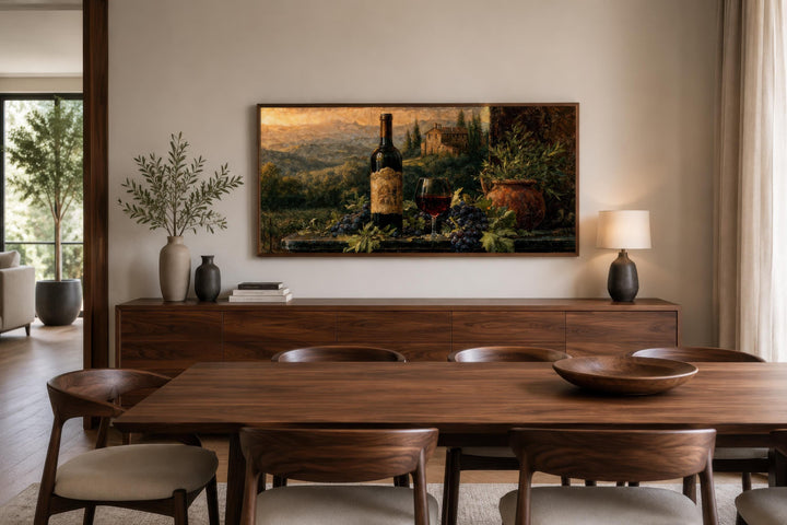 Tuscan wine wall art featuring a wine bottle and glass on a stone terrace in a dining room setting.
