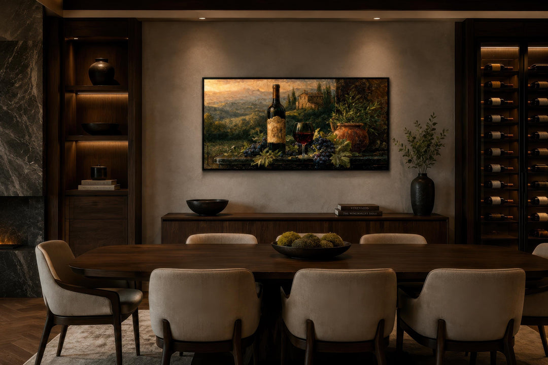 Tuscan wine bottle and vineyard landscape canvas art displayed in a modern, dark wood dining room.