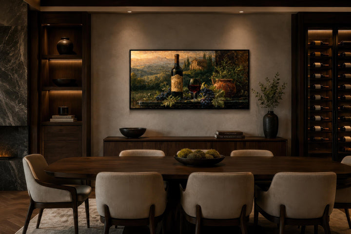 Tuscan wine bottle and vineyard landscape canvas art displayed in a modern, dark wood dining room.