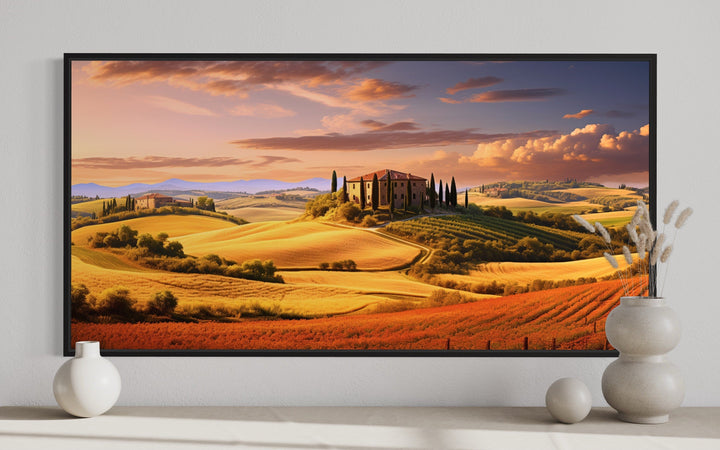 Tuscany Landscape Wall Art – Large Framed Canvas Print of Rustic Italian Scenery