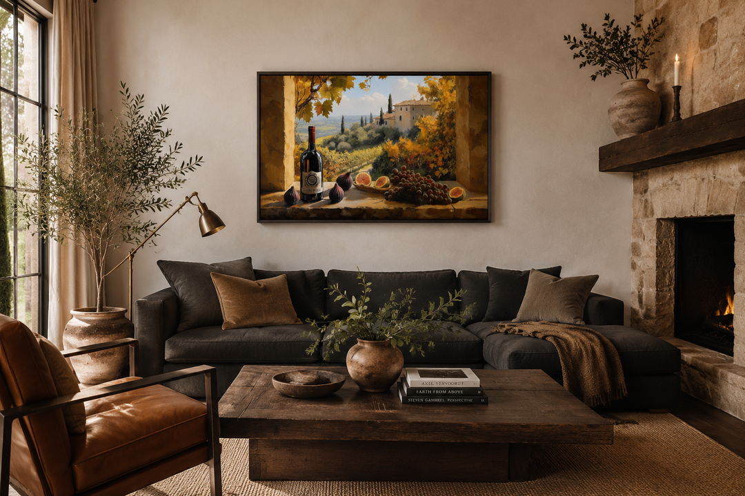 Tuscany vineyard window view wall art with wine bottle and grapes above a dark sofa in a living room