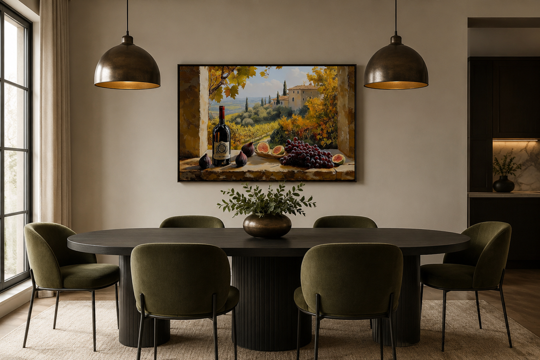 Tuscany vineyard window view wall art with wine and grapes above a modern dining table and chairs.