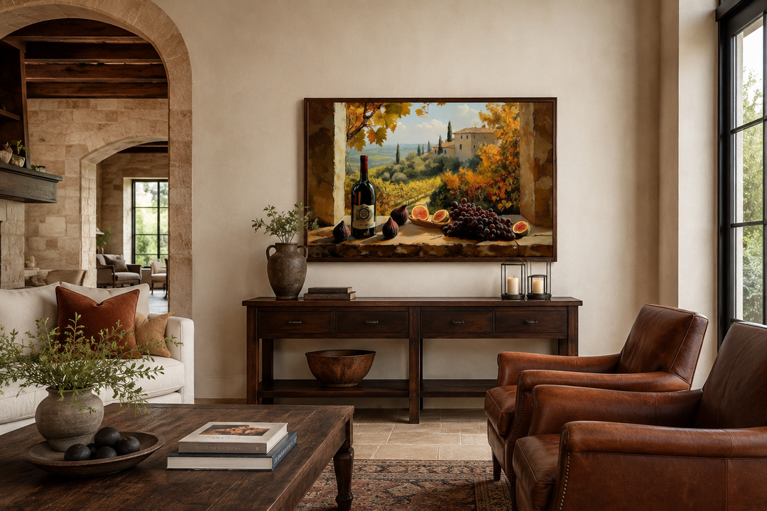 Tuscany vineyard window view wall art with wine bottle and grapes in a rustic living room setting.
