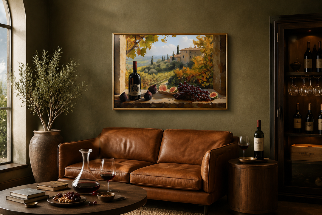 Tuscany vineyard window view wall art with wine bottle and grapes above a brown leather sofa.