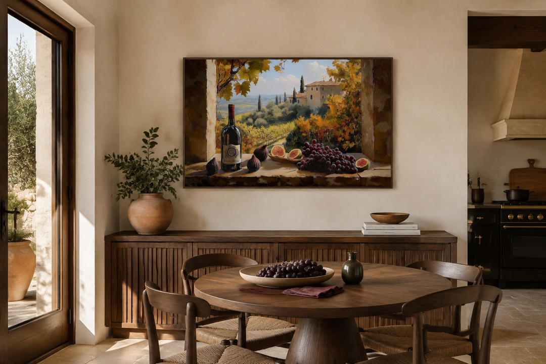Tuscany vineyard window view wall art with wine bottle and grapes above a dining room table.
