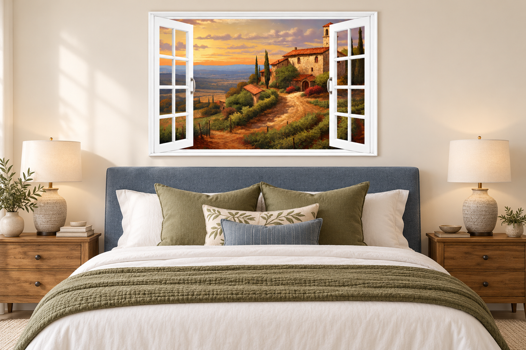 Tuscany Hills Italian landscape view from an open window canvas wall art above a bed.