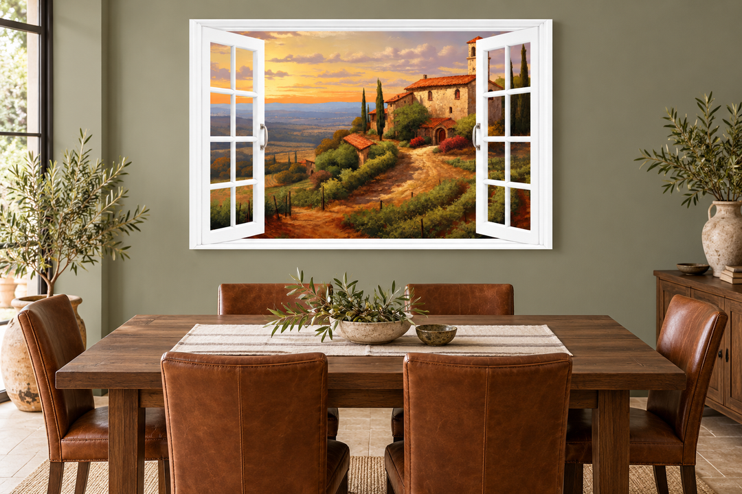 Tuscany Hills Italian landscape view from an open window canvas wall art in a rustic dining room.