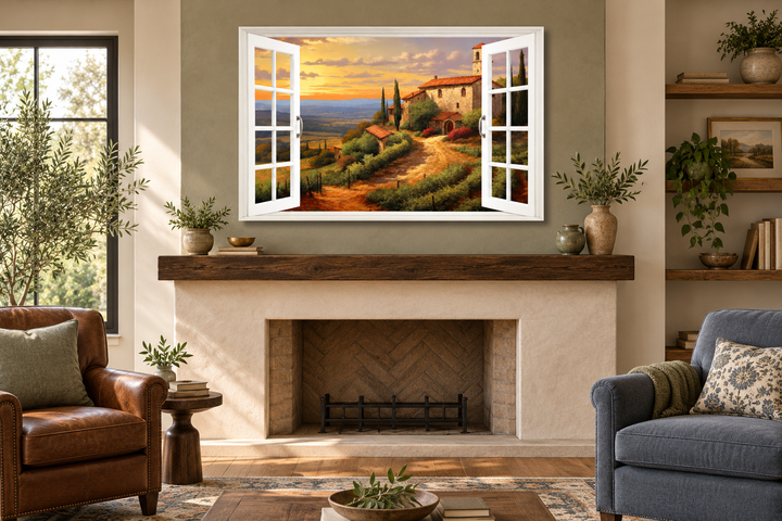 Tuscany Hills Italian landscape canvas wall art showing a countryside view through an open window.
