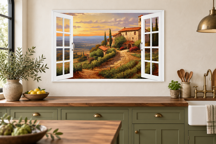 Tuscany Hills Italian landscape canvas wall art showing a vineyard view from an open window frame.