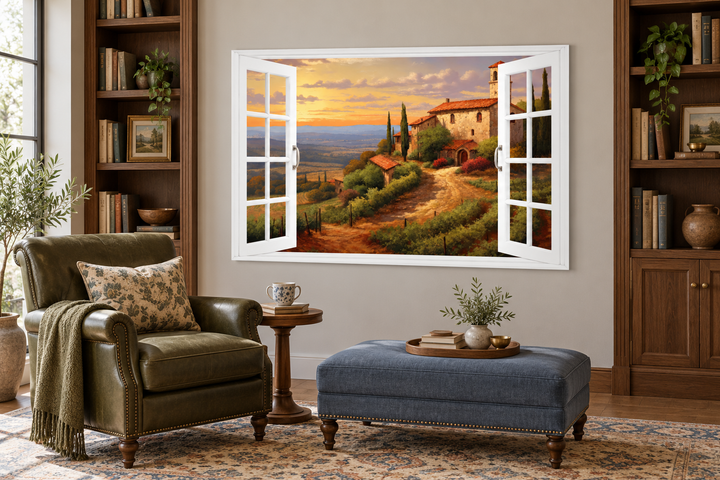 Tuscany Hills Italian landscape view from an open window canvas wall art in a cozy library setting.
