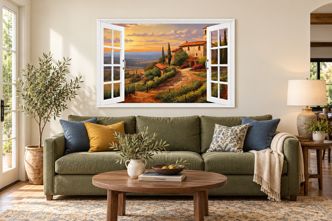 Tuscany Hills Italian landscape canvas wall art with an open window frame over a green sofa.