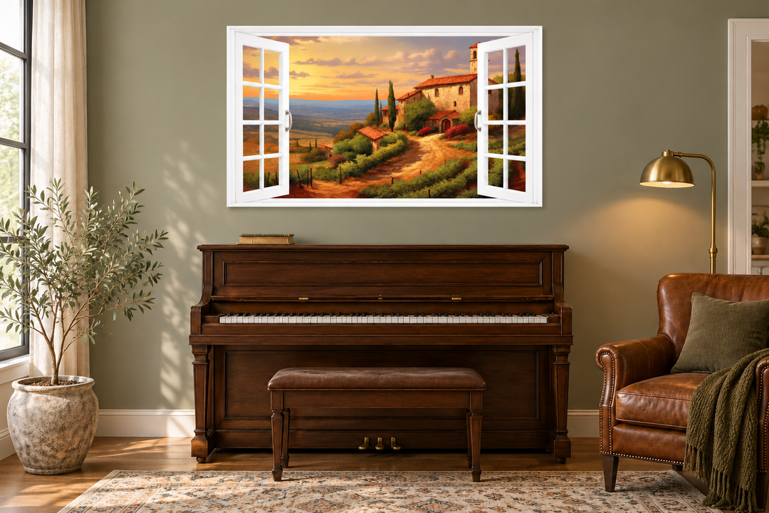 Tuscany Hills Italian landscape canvas wall art showing a vineyard view through an open window.