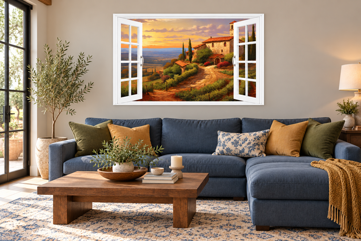 Tuscany Hills Italian landscape canvas wall art featuring an open window view over a blue sofa.