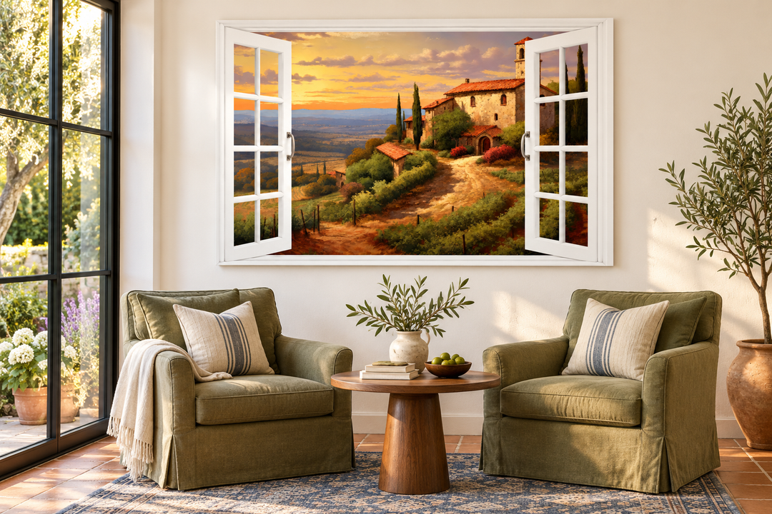 Tuscany Hills Italian landscape view from an open window canvas wall art in a sunroom setting.