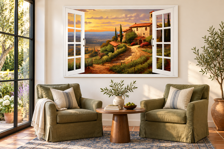 Tuscany Hills Italian landscape view from an open window canvas wall art in a sunroom setting.