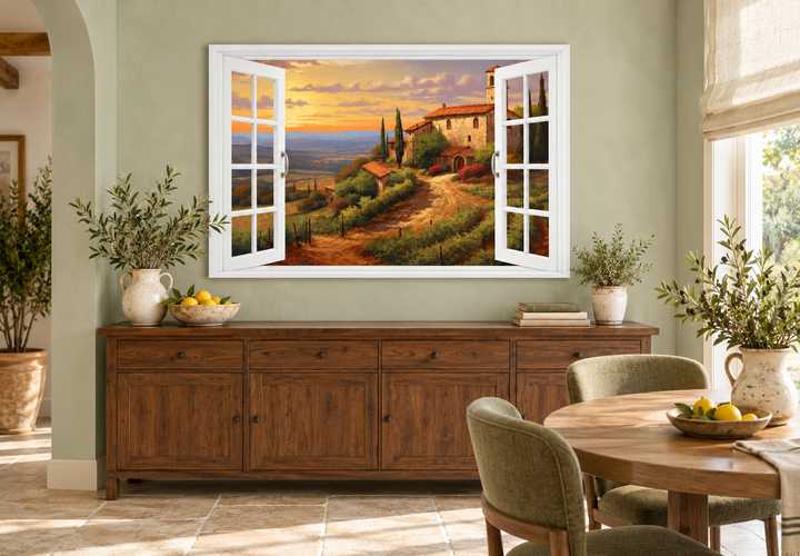 Tuscany Hills Italian landscape view from an open window canvas wall art above a wooden sideboard.