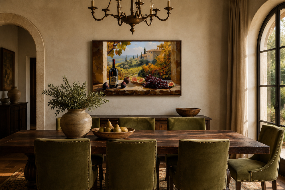 Tuscany vineyard window view wall art with wine bottle and grapes above a dining table.