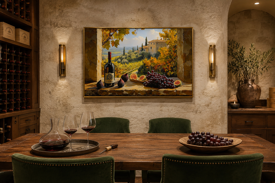 Tuscany vineyard window view wall art with wine bottle and grapes above a rustic dining table.