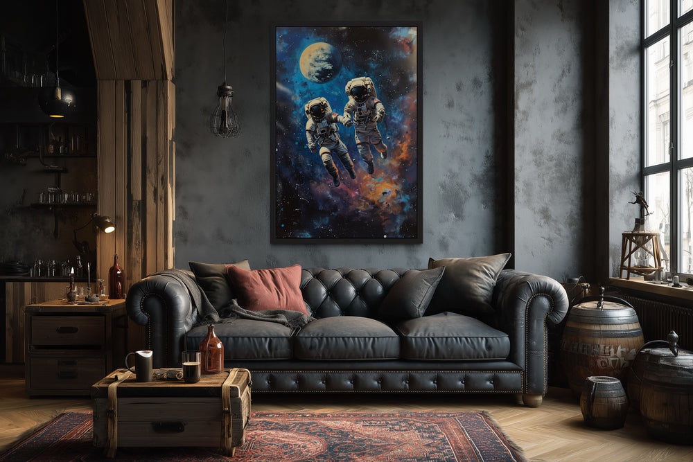 Two Astronauts Couple In Space Graffiti Romantic Framed Canvas Wall Art